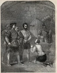 Sir Thomas Wyatt The Younger (1521-1554) on his way to execution, solemnly exonerating the Princess Elizabeth and Courtenay from participation in his Rebellion - 1554 - engraving from “” History of England”” by Cassell Petter & Galpin