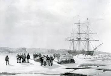Sledge Party forlater HMS Investigator i Mercy Bay, under kommando av løytnant Gurney Creswell (litografi)