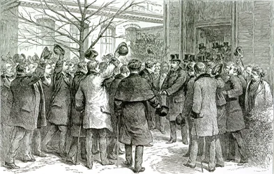 Sr. Robert Koch (1843-1910) forlater Royal Hospital, hvor den engelske pasienten blir behandlet, fra The Graphic, 6. desember 1890