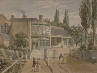St Helena tehager, Lower Road, Rotherhithe, ca. 1860 (wc på papir)