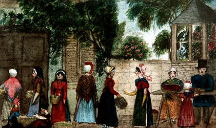 Gatemarkedsscene, ca. 1840 (akvarell på papir)