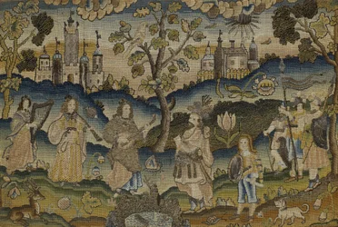 Stubbearbeid med Scene of Five Musicians in Garden with Tree, midten av 1600-tallet (stoff)