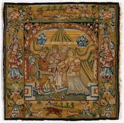 Putetrekk av billedvev som viser Susannah før dommeren, laget i Sheldon, England, etter 1600 (ull)