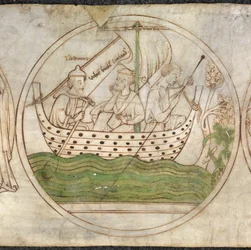 Tatwin formidler Guthlac med båt til Crowland, fra 'Guthlac Roll' c.1210 (vellum)