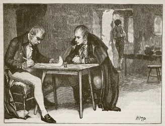 Agentene fra Storbritannia og Sverige signerer traktaten mot Napoleon, illustrasjon fra Cassells Illustrated History of England (sepia-bilde)