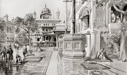 Akal Takht- eller Akal Bunga-komplekset, Harmandir Sahib (Det gylne tempel), Amritsar, Punjab, India i 1864, fra Hutchinsons History of the Nations, publisert 1915
