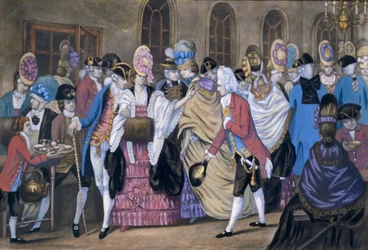 The Bread and Butter Manufactory, eller Humors of Bagnigge Wells, pub. Av Carington Bowles, 1772 99:Makaronistil; tradisjonelle kostymer; tradisjonell kjole; mote; kjele; kopper;