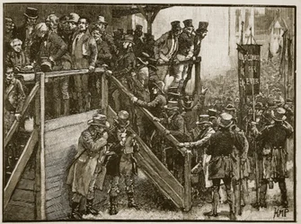 Clare-konkurransen: Far Murphy leder leietakerne sine til avstemningen, illustrasjon fra Cassells Illustrated History of England (sepia-bilde)