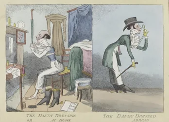 The Dandy Dressing or At Home, The Dandy Dressed Abroad, pub.c.1820 (håndfarget gravering)
