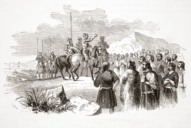 Jarlen av Richmond henvender seg til de walisiske høvdingene i Milford Haven, pub. 1800-tallet (stålgravering)