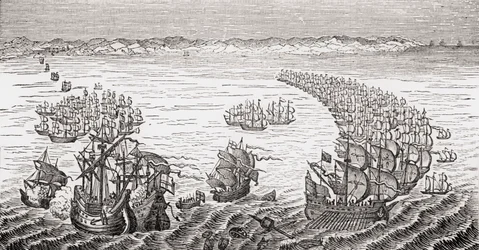 Den engelske flåten, kommandert av Sir Francis Drake, angrep den spanske armadaen i 1588, fra 