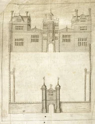 The Front of Wilton House, detalj fra Survey of Lands for 1st Earl of Pembroke, 1566 (penn og blekk på vellum)