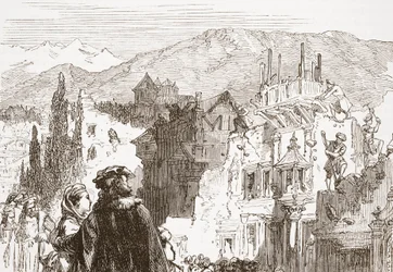 Genevanerne ødelegger forstedene til byen deres, illustrasjon fra The History of Protestantism av James Aitken Wylie (1808-1890), pub. 1878