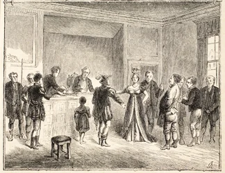 Hånden og saksen, en sak for domstolen i Pie-Poudre, fra en tegning datert 1811