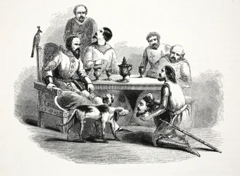 The Head of Llewelyn brakt til Edward på Conway Castle, pub. 1800-tallet (stålgravering)