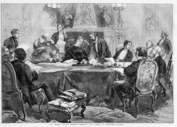 Impress Eugenie presiderer ved et ministerråd i Palais de l'Elysee - Keiserinneregenten Eugenie leder i et ministerråd. Illustrasjon for The Illustrated London News