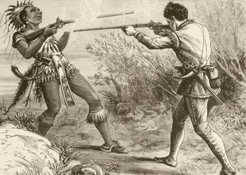 Indianerhøvdingen Paugus blir drept av en engelsk militsmann (lito)