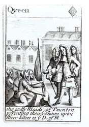 The Maids of Taunton knelende foran hertugen av Monmouth, 18. juni 1685, Queen of Diamonds spillekort fra et sett til minne om Monmouths opprør