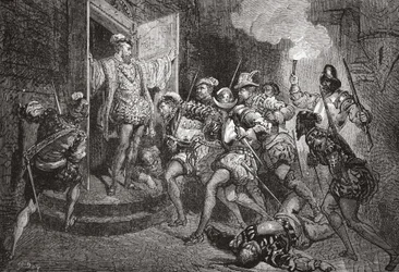 The Massacre of St. Bartholomew: angrep på Colignys losji, illustrasjon fra The History of Protestantism av James Aitken Wylie (1808-1890), pub. 1878