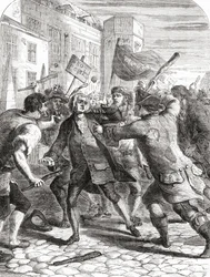 "No-Popery"-opprørerne angriper parlamentsmedlemmer i Palace Yard, Westminster, London England under Gordon-opptøyene i 1780.