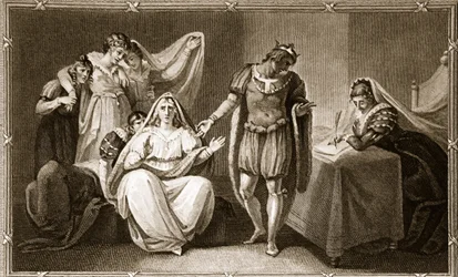 Enkedronningen setter seg selv og døtrene sine under beskyttelse av Richard III, illustrasjon fra David Humes The History of England, pub. av R. Bowyer, London, 1812