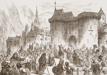 The Sham Pilgrims at the Gate of Geneva, illustrasjon fra The History of Protestantism av James Aitken Wylie (1808-1890), pub. 1878