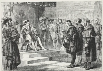 De tre protestantiske ambassadørene før keiser Charles, illustrasjon fra The History of Protestantism av James Aitken Wylie (1808-1890), pub. 1878