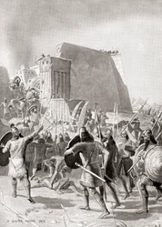 Erobringen av Memphis, Egypt av den assyriske kongen Esarhaddon, 671 f.Kr., fra Hutchinson