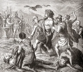 Fangsten av Teutobochus, en legendarisk kjempe og teutonernes konge, fra Ward and Locks Illustrerte verdenshistorie, utgitt ca. 1882