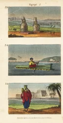 De store ruinene av Memnon-kolossene i Luxor i Sør-Egypt 73, flåte av lertøybeholdere på Nilen 74, og kvinner som bærer vannkrukker på hodet 74
