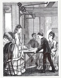Instrumentene for å bære meldinger ved Post Office Telegraph Headquarters, Telegraph Street, London, fra The Graphic, 1871