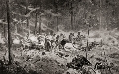 Den siste standen til major Allan Wilson på Shangani-elven, Matabeleland, under den første Matabele-krigen i 1893, etter maleriet av Allan Stewart, fra 'South Africa and the Transvaal War: Vol. 1' av Louis Creswicke, utgitt 1900 (litho)