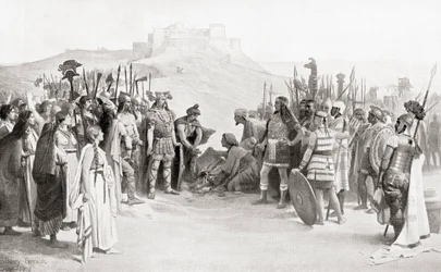 Møtet mellom Hannibal og Ceutrones, en keltisk stamme fra det gamle Gallia, under hans kryssing av Alpene i 218 f.Kr., fra Hutchinsons History of the Nations, pub.1915