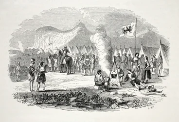 Møtet mellom høvdingene i Nord- og Sør-Wales på Breidden Hills, på vei til Bosworth-field, pub. 1800-tallet (stålgravering)