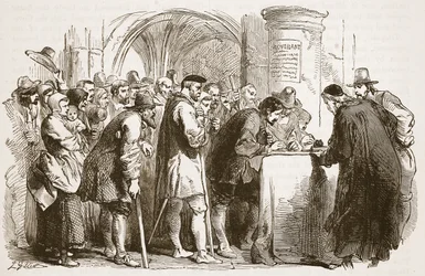 Folket som signerer pakten i St. Giles kirke, Edinburgh, illustrasjon fra Cassells Illustrated History of England (sepiafoto)