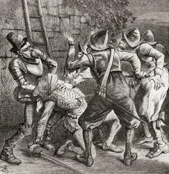 «Resten av kjeltringene hoppet på ham og skjøt ham», illustrasjon etter J. Tenniel til diktet «Tragedien», fra «The Ingoldsby Legends or Mirth and Marvels», av Thomas Ingoldsby, utgitt i 1865 (lito)