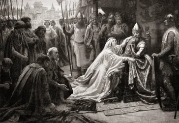 Kona til kong Edward III, dronning Philippa av Hainault, går i forbønn for mannen sin for å be om at livene til de syv borgerne i Calais skal spares (trykk)