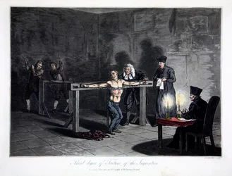 Inkvisisjonens tredje grad av tortur, gravert av LC Stadler, pub. av Cadell & Davies, London, ca. 1813 (farget gravering)