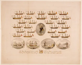 Denne platen er beskyttet av Viscount Nelson Duke of Bronte som har assistert ved fangsten av 26 Seil of the Enemies Line of Battle Ships i krigen fra 1793 til 1805 (farget gravering)