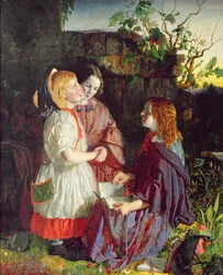 Tre unge jenter i et landskap, ca. 1860