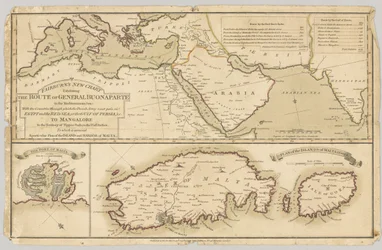 Tre trykte fargede kart: Fairburns nye kart som viser ruten til General Bonaparte i Middelhavet, 1798