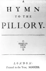 Tittelside for A Hymn to the Pillory av Daniel Defoe, 1703 (trykt papir)