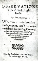 Tittelside for Observations in the Art of English Poesie av Thomas Campion, utgitt 1602 (trykt papir)