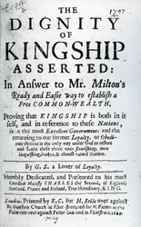 Tittelside for The Dignity of Kingship Asserted by G.S. a Lover of Loyalty, utgitt 1660 (trykt papir)