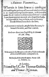 Tittelside til Amorous Fiammetta av Giovanni Boccaccio, engelsk oversettelse utgitt i 1587