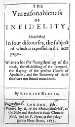 Tittelside til The Unreasonableness of Infidelity av Richard Baxter, utgitt i 1655