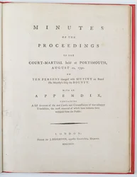 Tittelside til protokollen fra forhandlingene ved krigsretten holdt i Portsmouth, 12. august 1792, publisert i London, 1794 (trykk)