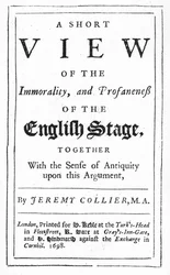 Tittelside til A Short View of the Immorality and Propaneness of the English Stage av Jeremy Collier, 1698 (trykt papir)