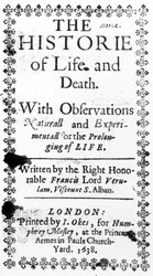 Tittelside til Francis Bacons The History of Life and Death , utgitt i 1638 (trykk)