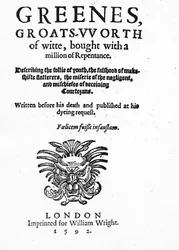 Tittelside til Greenes Groats-Worth of Wit, tilskrevet Robert Greene, utgitt i 1592 (trykt papir)